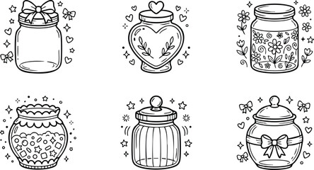 Six decorative glass jars with hearts stars bows and flowers