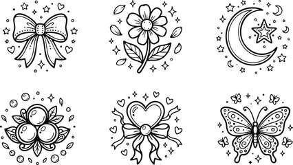 Bow flower moon berries heart and butterfly icons