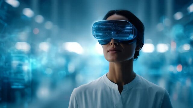 Confident female explores virtual reality in a modern digital space, highlighting the future of immersive technology. Blue neon lights emphasize innovation and technological advancement