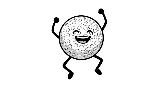 A cheerful cartoon golf ball with a happy face, arms, and legs, dancing or jumping in a black and white illustration.