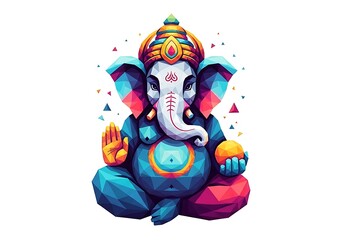 Fototapeta premium Colorful polygonal illustration of Ganesha sitting in meditative pose with geometric shapes