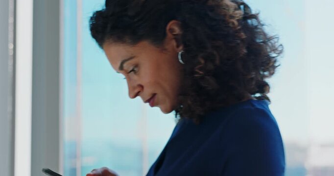 Business, woman and email in office with phone, real estate research and online property listing. Reading, female person and realtor scroll in workplace with tech, check website and text message.