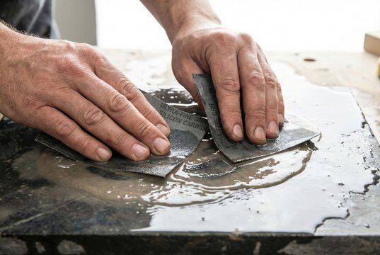 Artisan wet sanding a dark stone or resin surface with ultra fine grit sandpaper