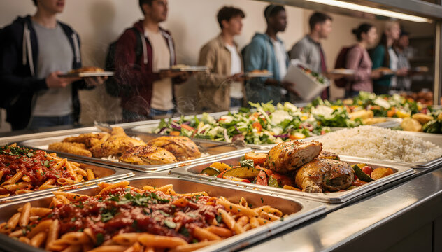 Diverse individuals line up at a bustling self-serve buffet, selecting from a variety of fresh, hot, and wholesome meal options under warm lighting