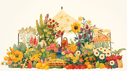 Obraz premium Colorful illustration of a vibrant flower market scene with various flowers, fruits, and a decorative tent, showcasing a lively outdoor atmosphere
