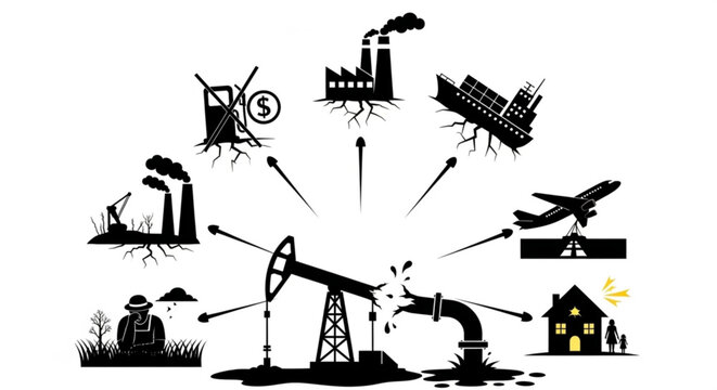 Oil pump jack with a broken pipe spewing oil, surrounded by icons representing industrial and environmental impacts and consequences.