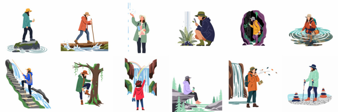 Set of flat vector illustrations featuring women adventurers exploring nature, hiking, climbing, and discovering wilderness landscapes like waterfalls, caves, and forests.