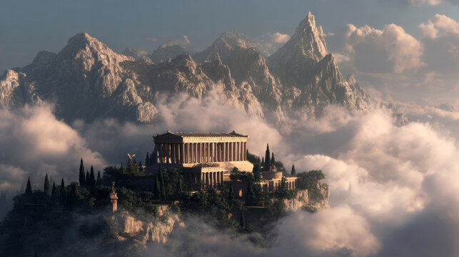 Ancient Greek temple situated on a mountain peak surrounded by clouds, with rugged mountains visible in the background under a clear blue sky