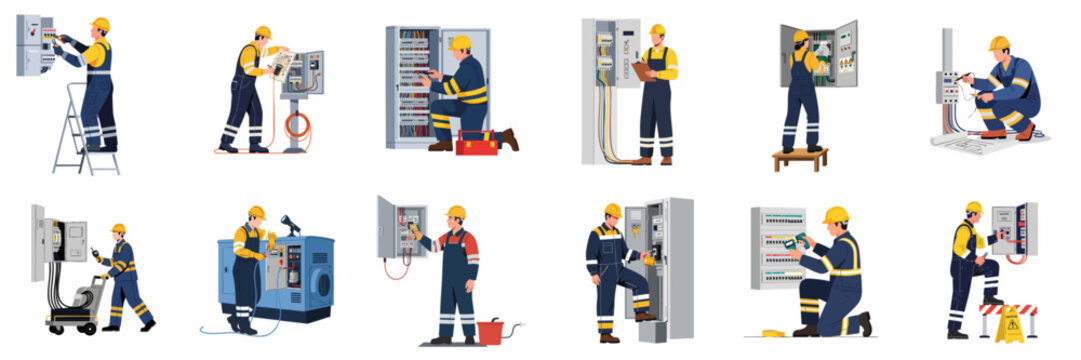Flat illustration set of professional electricians performing maintenance, repair, and installation tasks on electrical panels and industrial equipment.