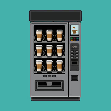 Gray vending machine with coffee cups on teal background