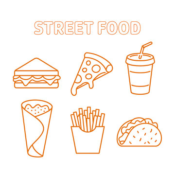 Street food icons including burger pizza drink shawarma fries taco