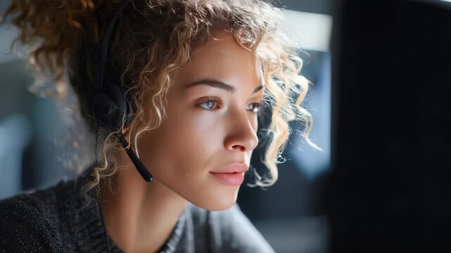 Focused young woman with curly hair wearing a headset works attentively in a modern office environment. She demonstrates professionalism and concentration during a customer support call