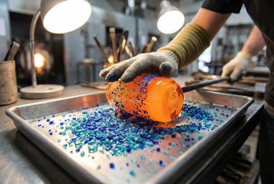 Glassblower rolling hot glowing glass over crushed blue glass frit on a metal tray