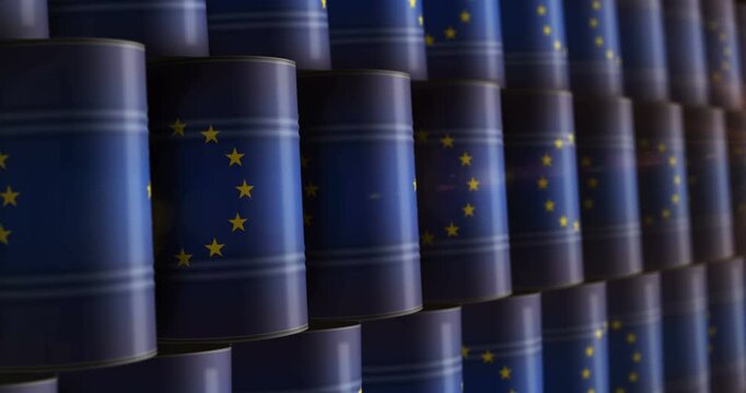EU oil business and fuel extraction barrels in row seamless and loopable concept. European Union petrol industrial containers.