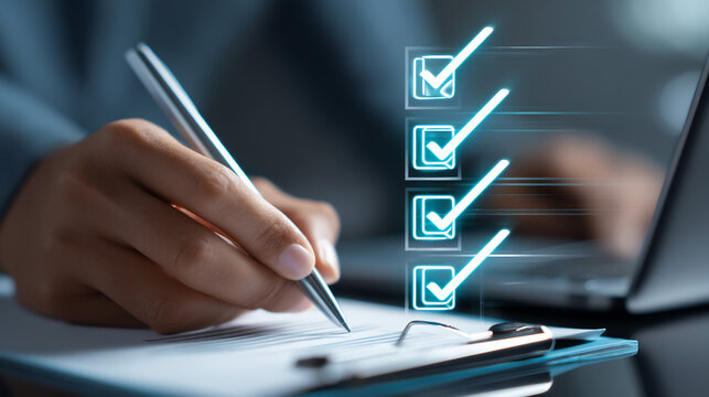 Person checking off tasks on a list with a pen, symbolizing accomplishment and productivity.