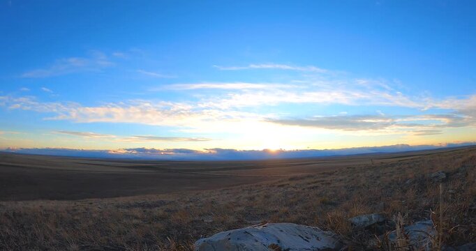 Beautiful Autumn Sunset Timelapse at Summer Fall Hill Meadow. Wild Nature and Rural Grass Field. Wild, Nature, Rural, Environment, Grass & Landscape. Colorful Golden Hour 4K.