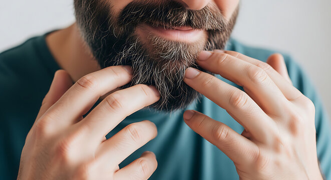 Man trimming thick dark beard with precision trimmer close-up
