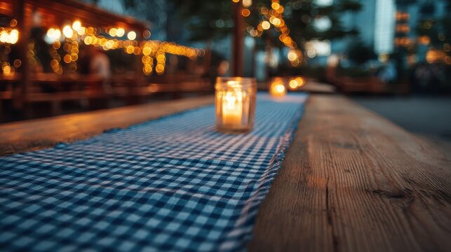 Rustic table with gingham pattern and candlelit dusk glow