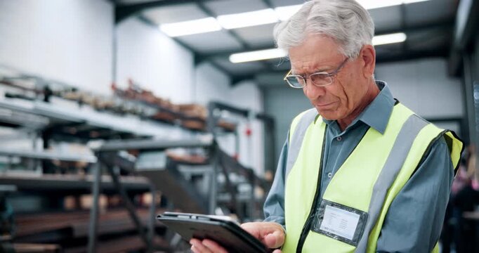 Man, engineer and reading with tablet at warehouse for research, machine update and technical guide. Mature person, digital and production manual, automation and diagnostics report for manufacturing