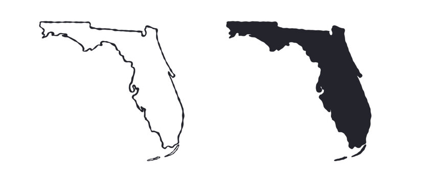 Florida USA state map silhouette and outline map. Vector shapes of us state, isolated on white. Perfect for infographics, geography design, education, and maps.