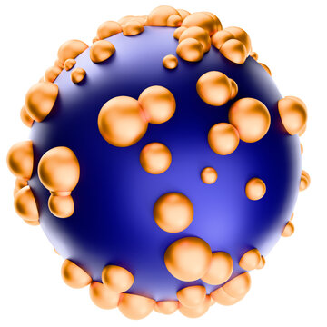 A model of a sphere with smaller spheres of varying sizes, on a transparent background. Abstraction of a digital molecule, digital atom, abstract Dyson sphere on a transparent background.