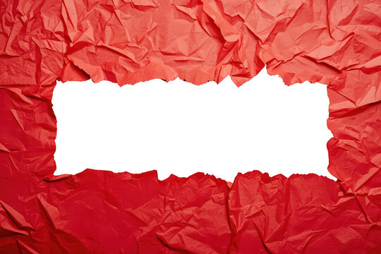 Crumpled red paper frame creating a textured border around a transparent space, showing ripped edges and rough details