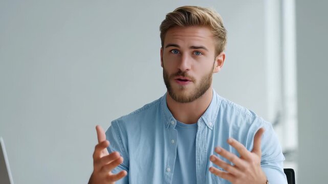 Confident young man with stylish beard and blue shirt gestures while speaking during a business meeting in a modern office. Natural daylight highlights his expressive communication skills