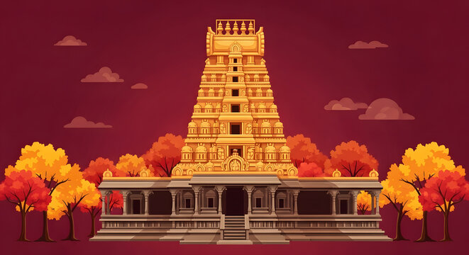 South Indian Hindu Temple Gopuram Architecture Landmark Traditional Tower Ancient Monument Red Background Tree Landscape Graphic Illustration