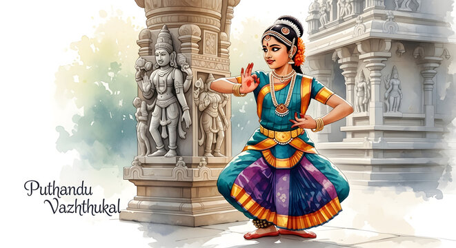 Bharatanatyam dancer girl Tamil New Year celebration Puthandu Vazthukal temple architecture traditional costume jewelry culture religion fine art