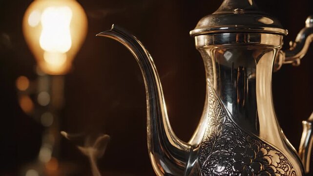 Antique Silver Teapot Steaming With Warm Light in Dark Room