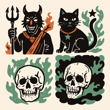 Artwork featuring a devil figure, a black cat, and two skulls with fire and smoke designs in a bold graphic style