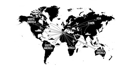 Global logistics network illustration showing international shipping routes connecting continents with ships, planes, and trucks.