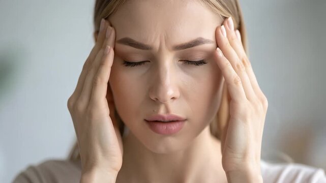 Young woman touching temples with closed eyes representing stress migraine and mental overload in modern lifestyle context