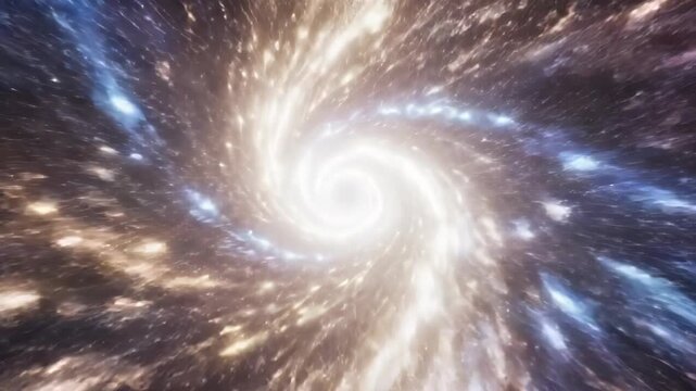 Spiral galaxy portal with glowing stardust light through time warp. Abstract cosmic tunnel background for science fiction space travel and multiverse exploration