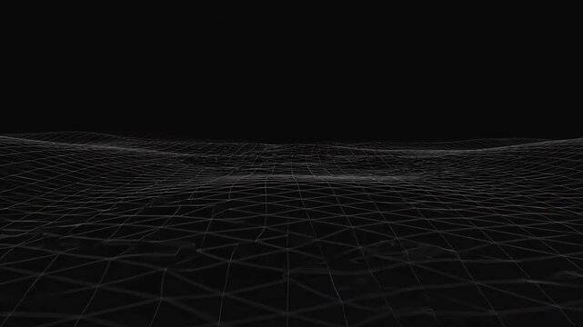 A futuristic digital landscape with a grid pattern and lines glowing on a dark background with a curved light streak across