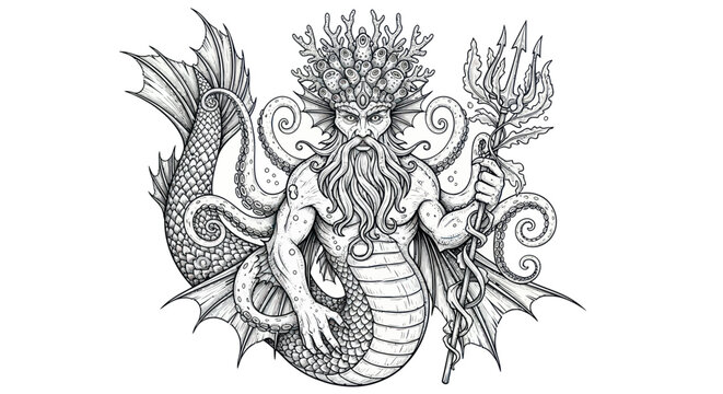 Mythological Sea King Neptune with Trident and Octopus Arms, Hand-Drawn Illustration