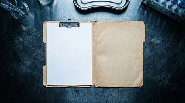 Blank Clipboard And Folder Resting On Metallic Laboratory Table