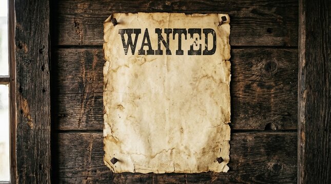 Blank Wanted Poster Hanging On Rustic Wooden Wall Background