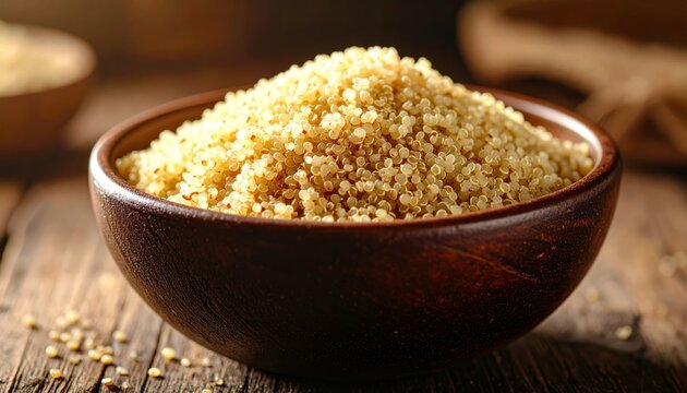 Textured Mound of Golden Quinoa Grains in a Rustic Dark Wood Bowl with Warm Light