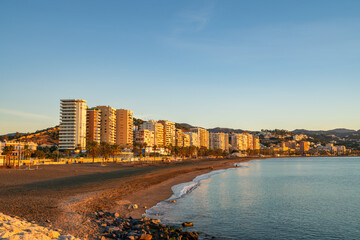 La Malagueta public beach at sunrise. Malaga city. Andalusia, Spain