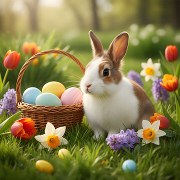 Easter bunny with basket of colorful eggs in spring garden
