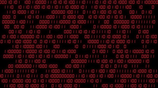 Fast changing red binary digits on dark screen, futuristic digital data background animation.