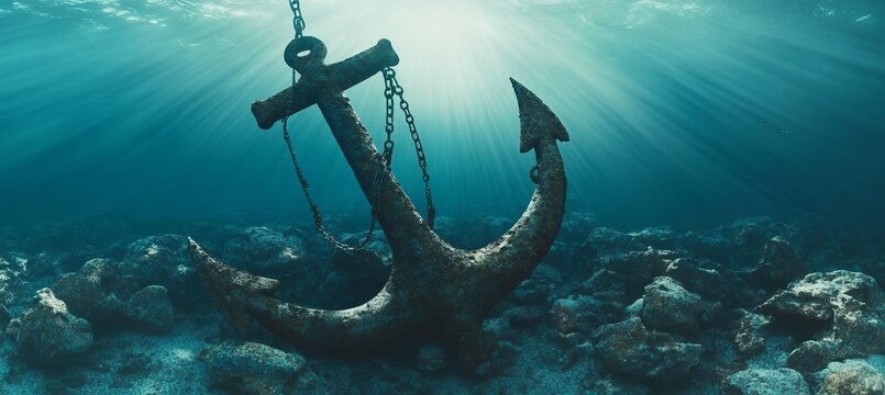 A Vintage Sunken Anchor Resting on the Ocean Floor Illuminated by Sunbeams in a Serene Seascape