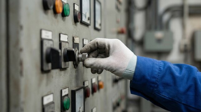 Gloved hand operating industrial control panel switch.
