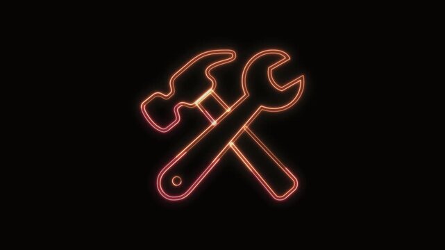  Hammer and Wrench Icon Neon Seamless Loop 4K with Black Background Animated Promotional Typography for Video Editing