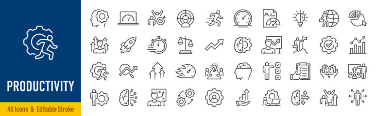 Naklejka na ściany i meble Productivity web icons in line style. Efficiency, goal, performance, organization, process, collection. Vector illustration.