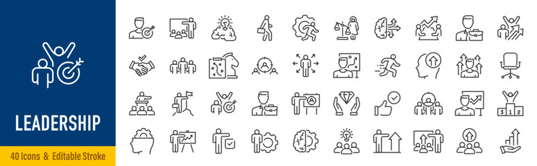 Leadership web icons in line style. Vision, teamwork, goal, strategy, skill, collection. Vector illustration.