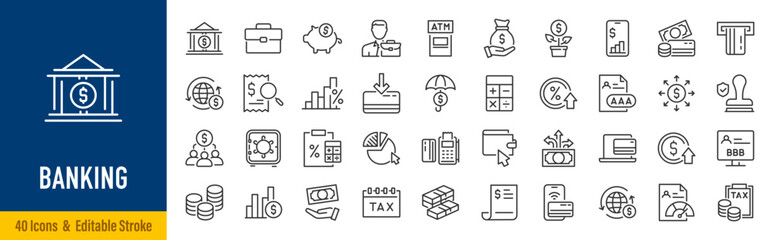 Banking web icons in line style. Bank, income, atm, money, payment, collection. Vector illustration.
