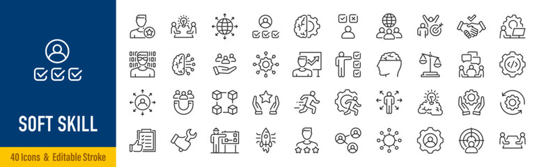 Soft skills web icons in line style. Teamwork, creativity, communication, problem-solving, management, collection. Vector illustration.