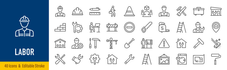 Labor web icons in line style. Labor day, construction, worker, gear, job, collection. Vector illustration.